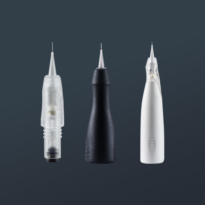 Three different amiea Highend needle modules, on a grey background 