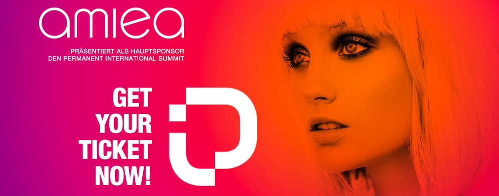 amiea-permanent-international-summit-de Bild einer Frau auf pink-orangem Verlauf und amiea PERMANENT INTERNATIONAL SUMMIT Logo