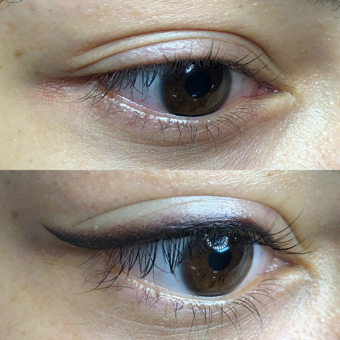 Foto von Auge mit Permanent Make-Up (PMU), Beispiel PMU Behandlung Augenlid Eyeliner, Nahaufnahme Vergleich Vorher und Nachher
