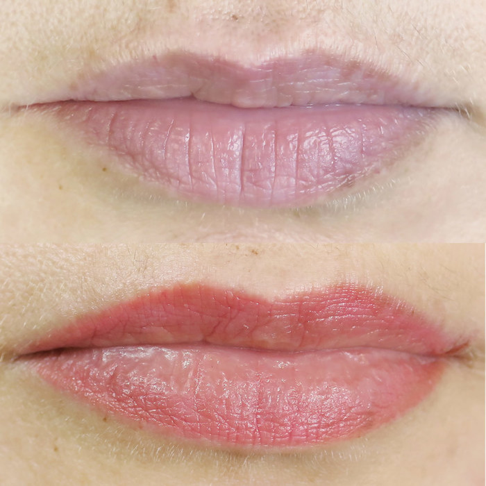 Foto von Lippen mit Permanent Make-Up (PMU), Beispiel PMU Behandlung Lippen, Nahaufnahme Vergleich Vorher und Nachher