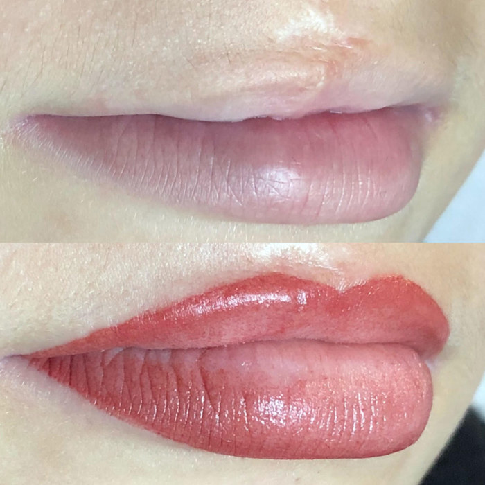 Foto von Lippen mit Permanent Make-Up (PMU) von amiea National Trainer Vania Machado, Beispiel PMU Lippen, Nahaufnahme Vergleich vorher und nachher