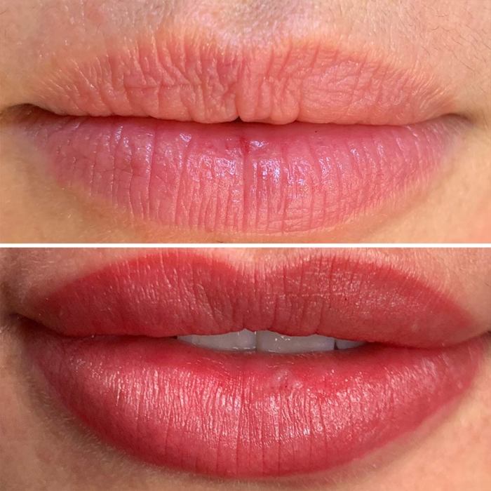 Lips with permanent makeup (PMU) by amiea International Master Trainer Camilla Mello, example PMU lips, close-up, comparison before and after