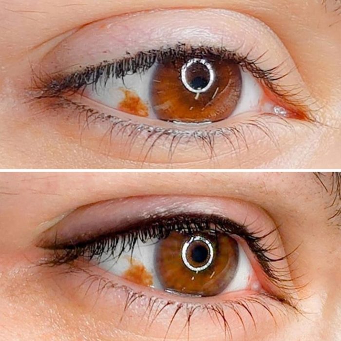 Foto von Eyeliner mit Permanent Make-Up (PMU) von amiea National Trainer Olga Hendricks, Beispiel PMU Eyeliner, Nahaufnahme Vergleich vorher und nachher