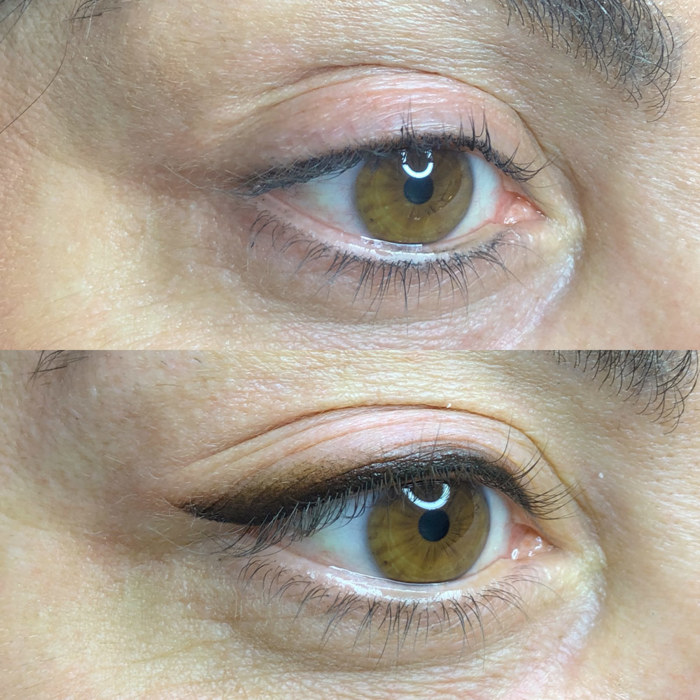 eyes with permanent make-up (PMU), example PMU treatment eyes, close-up, comparison before and after
