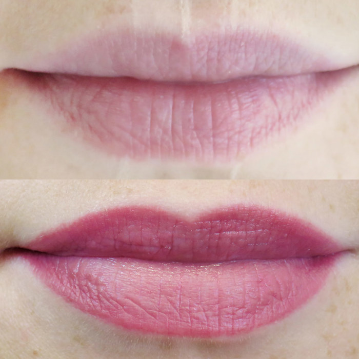 Foto von Lippen mit Permanent Make-up (PMU) von amiea National Trainer Olga Kravchenko, Beispiel PMU Lippen, Nahaufnahme Vergleich vorher und nachher