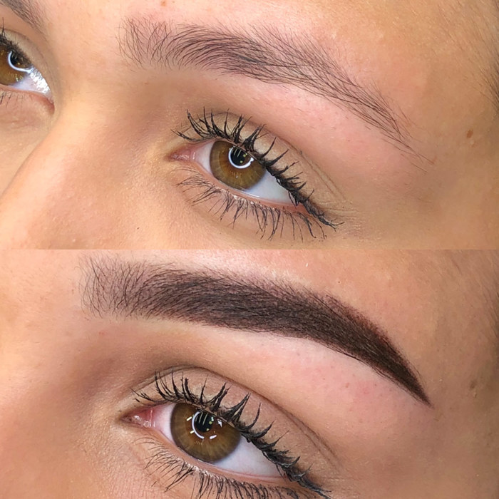 eyebrows with permanent makeup (PMU), example PMU treatment eyes, close-up, comparison before and after