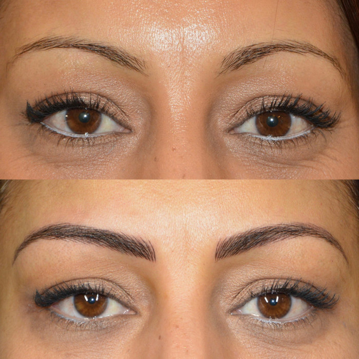 Foto von Augenbrauen Permanent Make-Up (PMU) von amiea National Trainer Roberta Peixoto, Beispiel PMU Augenbrauen, Nahaufnahme Vergleich vorher und nachher