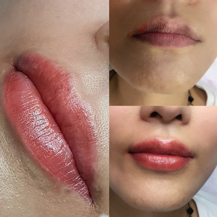 3 pictures of pink lips with permanent makeup (PMU), example of lip treatment, comparison before and after