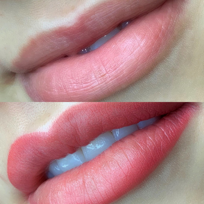 Permanent make-up (PMU) lips by amiea International Master Trainer Suzé Steyl, example lip treatment, comparison before and after