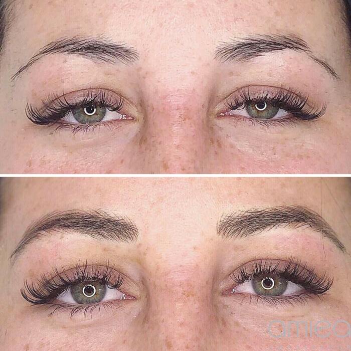 Natural eyebrows with permanent makeup (PMU) by amiea International Master Trainer Marie Adkins, example PMU treatment eyebrows, close-up, comparison before and after
