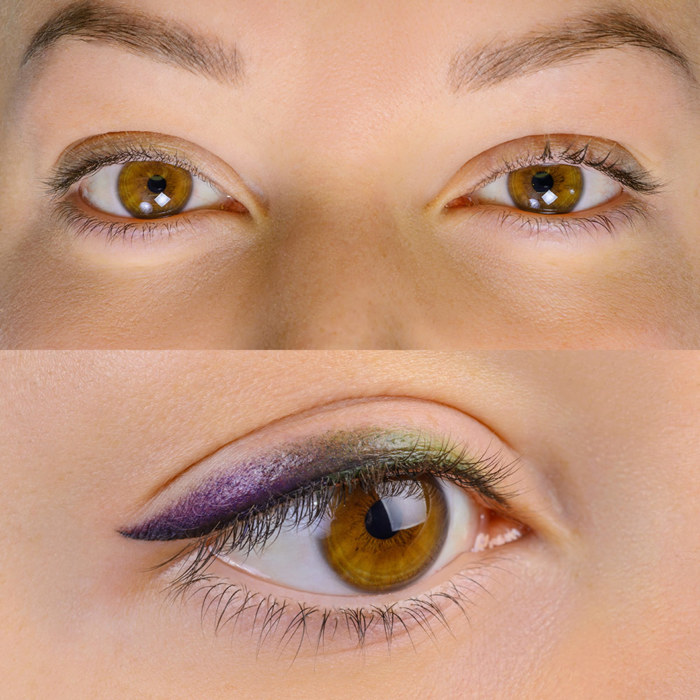 Foto von Auge mit Permanent Make-Up (PMU), Beispiel PMU Behandlung Augenlid Eyeliner, Nahaufnahme Vergleich Vorher und Nachher