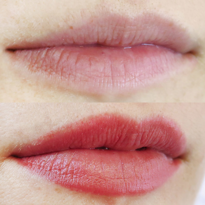 Foto von Lippen mit Permanent Make-up (PMU) von amiea National Trainer Olga Kravchenko, Beispiel PMU Lippen, Nahaufnahme Vergleich vorher und nachher
