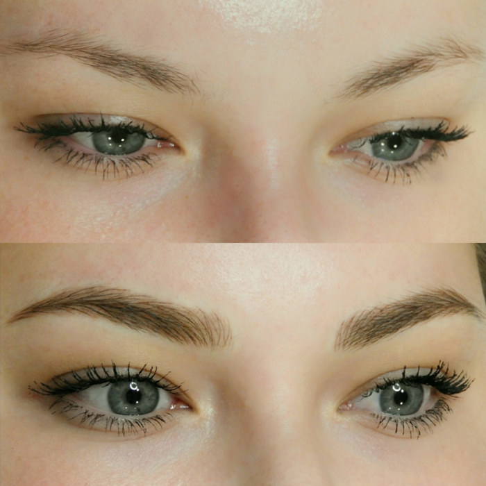 eyes with permanent makeup (PMU), example PMU treatment eyes, close-up, comparison before and after