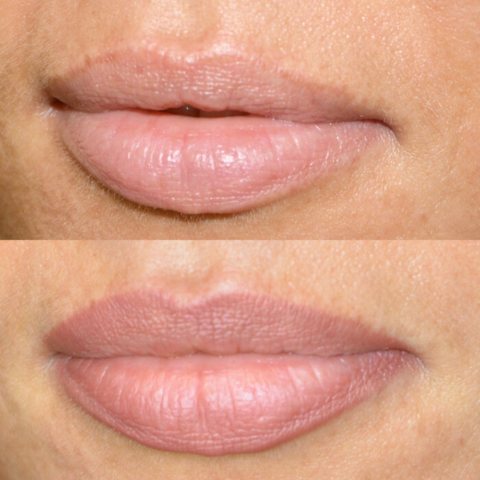 Foto von Lippen mit Permanent Make-Up (PMU) von amiea National Trainer Maud Ravier, Beispiel PMU Lippen, Nahaufnahme Vergleich vorher und nachher