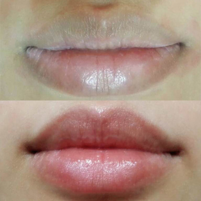 Foto von Lippen mit Permanent Make-Up (PMU) von amiea National Trainer Vikki Chan, Beispiel PMU Lippen, Nahaufnahme Vergleich vorher und nachher