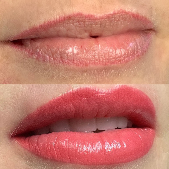 red lips, permanent make-up (PMU) by amiea International Master Trainer Suzé Steyl, example of lip treatment, comparison before and after 