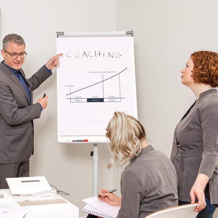 amiea Trainer showing a board and coaching 2 students in a amiea Academy Class