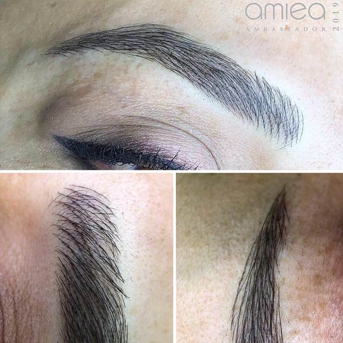 Natural eyebrows with permanent makeup (PMU) by amiea International Master Trainer Marie Adkins, example PMU treatment eyebrows, close-up, comparison before and after

