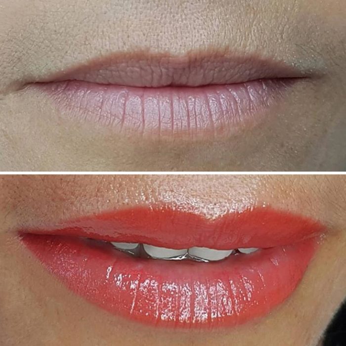 Lips with permanent makeup (PMU) by amiea National Trainer Olga Hendricks, example PMU lips, close-up, comparison before and after
