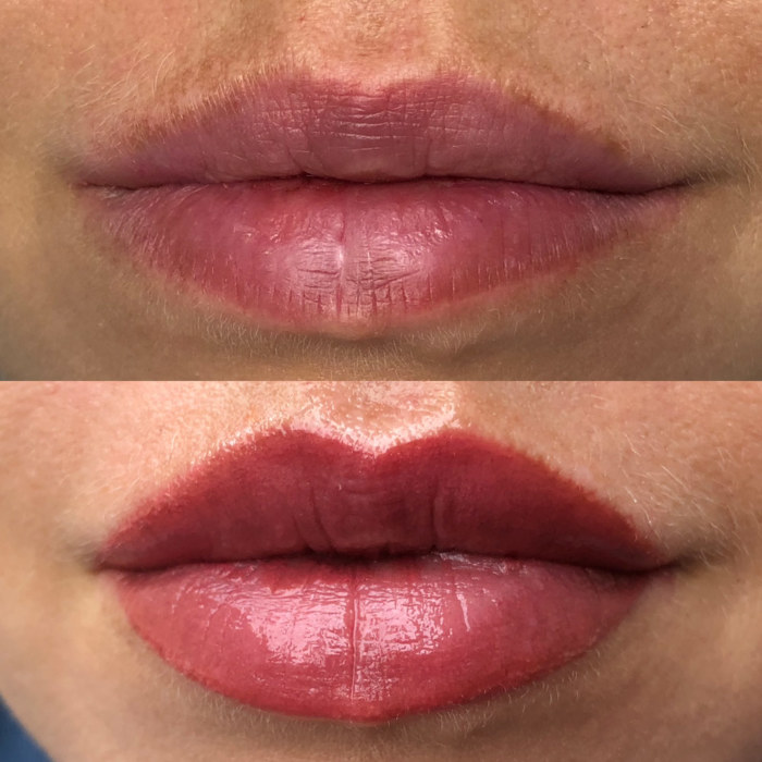 Foto von Lippen mit Permanent Make-up (PMU), Beispiel PMU Behandlung Augenlid Eyeliner, Nahaufnahme Vergleich Vorher und Nachher