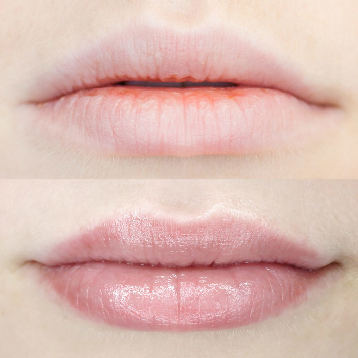 Foto von Lippen mit Permanent Make-up (PMU) von amiea National Trainer Olga Kravchenko, Beispiel PMU Lippen, Nahaufnahme Vergleich vorher und nachher
