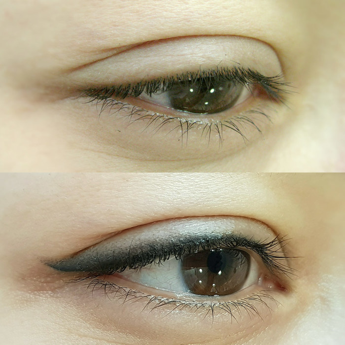 Foto von Auge mit Eyeliner Permanent Make-Up (PMU) von amiea National Trainer Jekaterina Lenova, Beispiel PMU eyeliner, Nahaufnahme Vergleich vorher und nachher