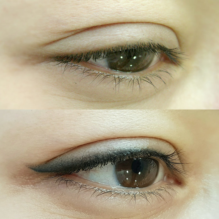 eyes with permanent makeup (PMU), example PMU treatment eyes, close-up, comparison before and after