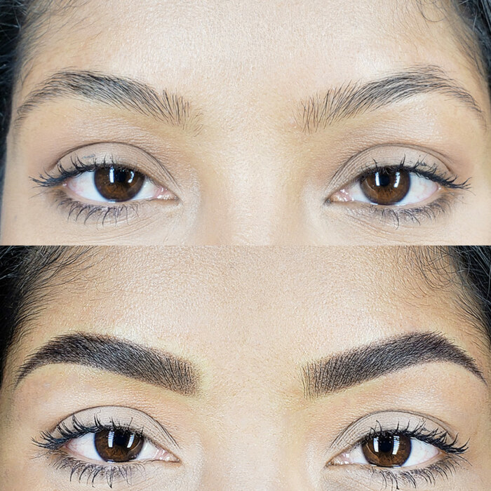 natural eyebrows with permanent makeup (PMU), example PMU treatment eyebrows, close-up, comparison before and after