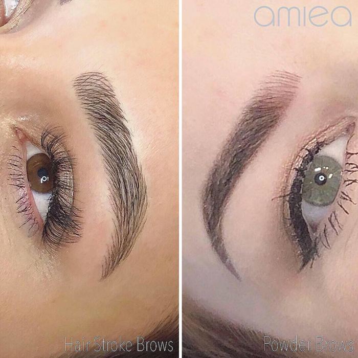 Natural eyebrows with permanent makeup (PMU) by amiea International Master Trainer Marie Adkins, example PMU treatment eyebrows, close-up