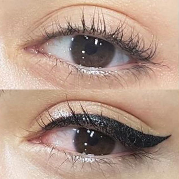 Foto von Auge mit Eyeliner Permanent Make-up (PMU) von amiea National Trainer Eugenia Arrieta, Beispiel PMU eyeliner, Nahaufnahme Vergleich vorher und nachher