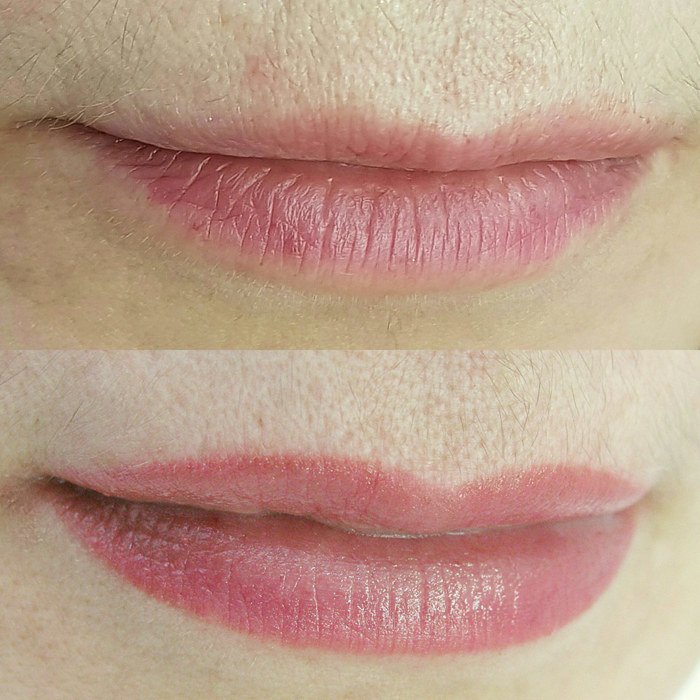 Foto von Lippen mit Permanent Make-up (PMU) von amiea National Trainer Jekaterina Lenova, Beispiel PMU Lippen, Nahaufnahme Vergleich vorher und nachher