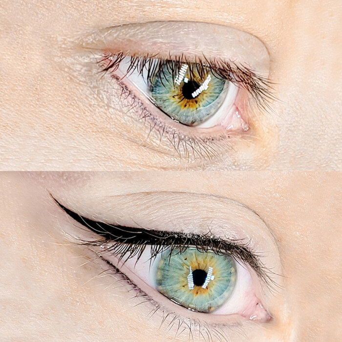 Foto von Auge mit Eyeliner Permanent Make-Up (PMU) von amiea National Trainer Roberta Peixoto, Beispiel PMU eyeliner, Nahaufnahme Vergleich vorher und nachher