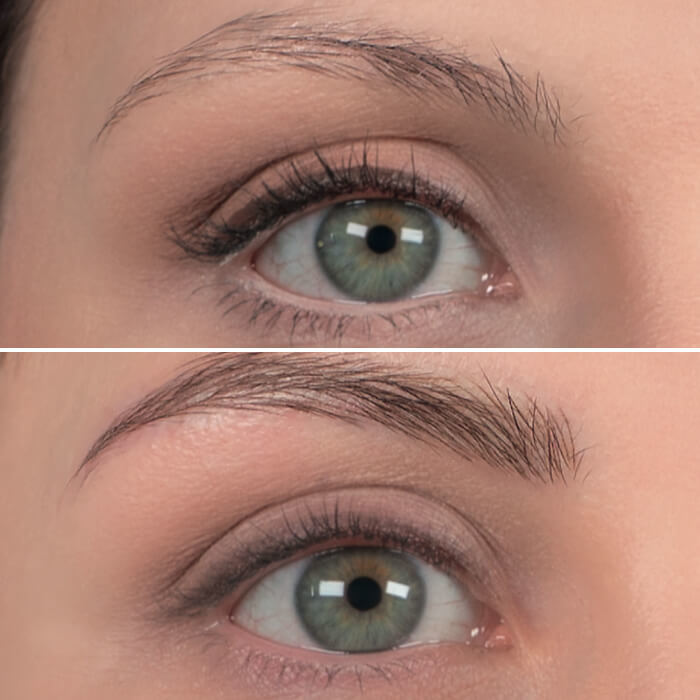 picture before and after amiea permanent makeup on woman's eyebrows and eyes