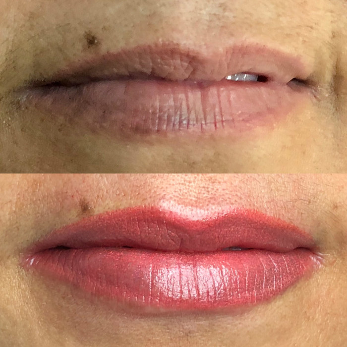 Foto von Lippen mit Permanent Make-Up (PMU) von Elena Nikore, Beispiel PMU Behandlung Augenlid Eyeliner, Nahaufnahme Vergleich Vorher und Nachher
