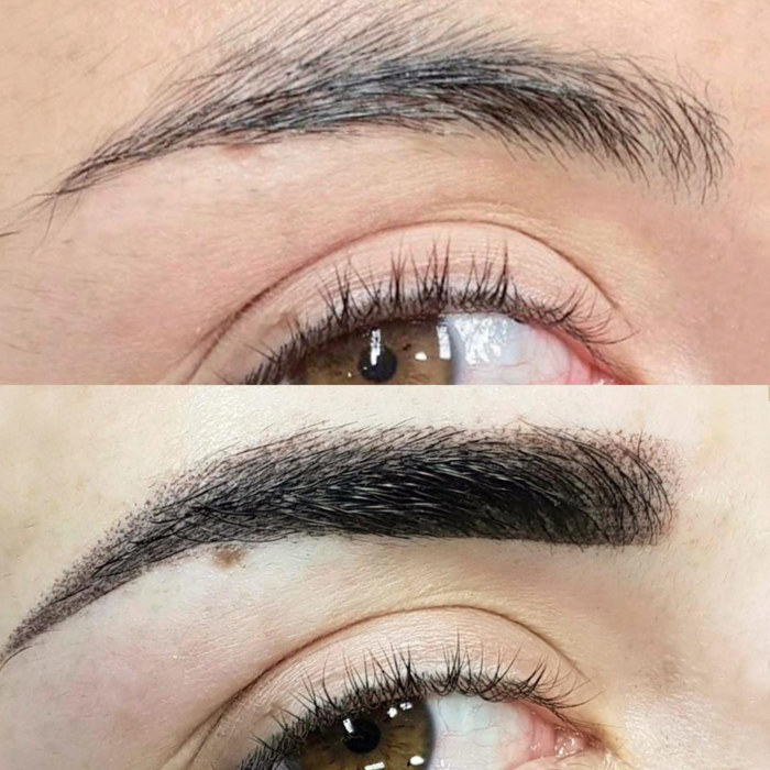 Foto von Augenbrauen Permanent Make-up (PMU) von amiea National Trainer Eugenia Arrieta, Beispiel PMU Augenbrauen, Nahaufnahme Vergleich vorher und nachher