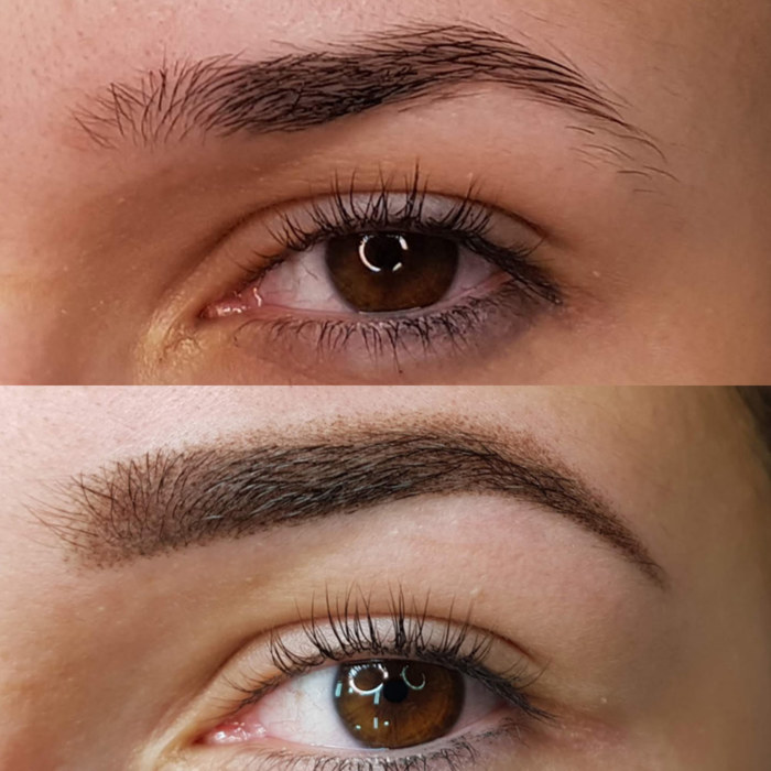 Foto von Augenbrauen Permanent Make-Up (PMU) von amiea National Trainer Mariana Romero, Beispiel PMU Augenbrauen, Nahaufnahme Vergleich vorher und nachher