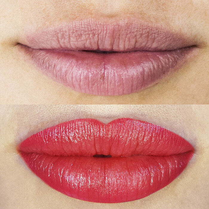 Foto von Lippen mit Permanent Make-Up (PMU) von amiea National Trainer Roberta Peixoto, Beispiel PMU Lippen, Nahaufnahme Vergleich vorher und nachher