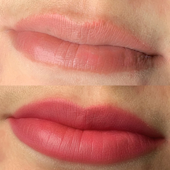 red lips, permanent make-up (PMU) by amiea International Master Trainer Suzé Steyl, example lip treatment, comparison before and after