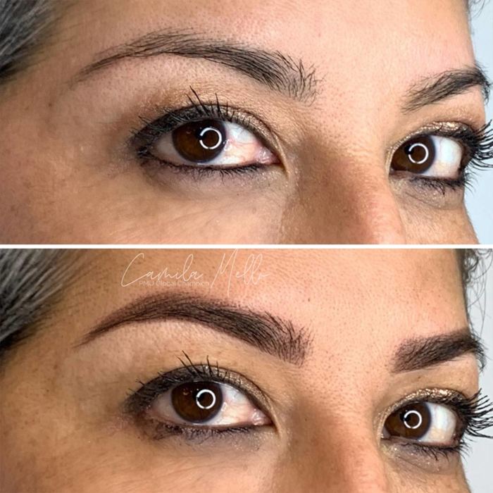 Natural eyebrows with permanent makeup (PMU) by amiea International Master Trainer Camilla Mello, example PMU treatment eyebrows, close-up, comparison before and after
