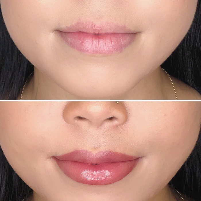 Lips with permanent makeup (PMU) by amiea International Master Trainer Marie Adkins, example PMU lips, close-up, comparison before and after
