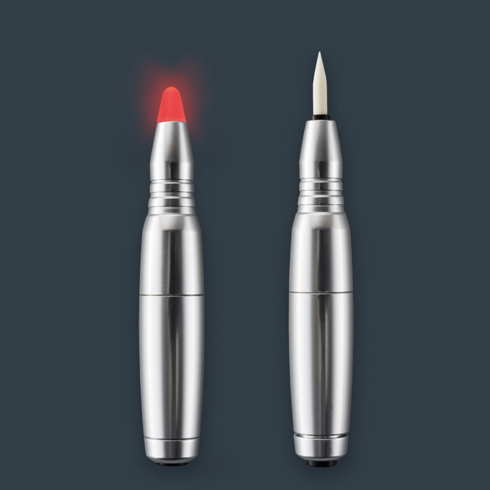 Two different amiea accessories, control pen and a soft laser and pen, on a grey background