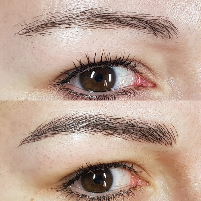 eyebrows with permanent make-up (PMU), example PMU treatment eyebrows, close-up, comparison before and after