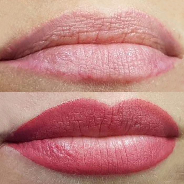 Foto von Lippen mit Permanent Make-up (PMU) von amiea National Trainer Eugenia Arrieta, Beispiel PMU Lippen, Nahaufnahme Vergleich vorher und nachher