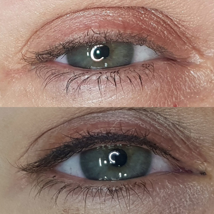 Foto von Auge mit Eyeliner Permanent Make-Up (PMU) von amiea National Trainer Mariana Romero, Beispiel PMU eyeliner, Nahaufnahme Vergleich vorher und nachher