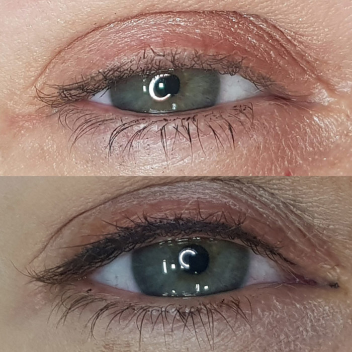 eyes with permanent make-up (PMU), example PMU treatment eyes, close-up, comparison before and after