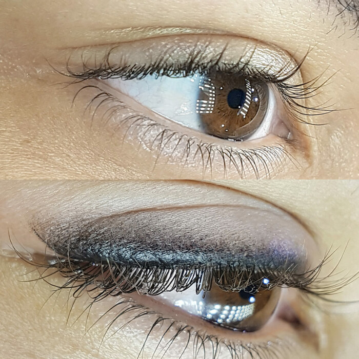 Foto von Auge mit Eyeliner Permanent Make-Up (PMU) von amiea National Trainer Roberta Peixoto, Beispiel PMU eyeliner, Nahaufnahme Vergleich vorher und nachher