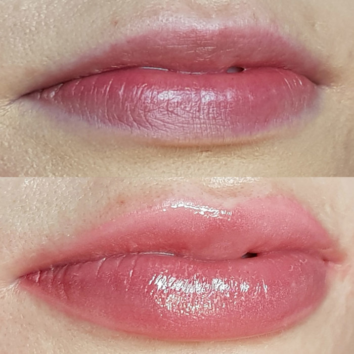 lips with permanent makeup (PMU) by amiea International Master Trainer Alevtina Hyvönen, example lip treatment, close-up, comparison before and after