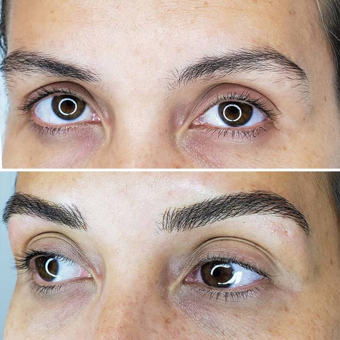 Foto von Augenbrauen mit Permanent Make-up (PMU) von amiea National Trainer Camilla Mello, Beispiel PMU Augenbrauen, Nahaufnahme Vergleich vorher und nachher