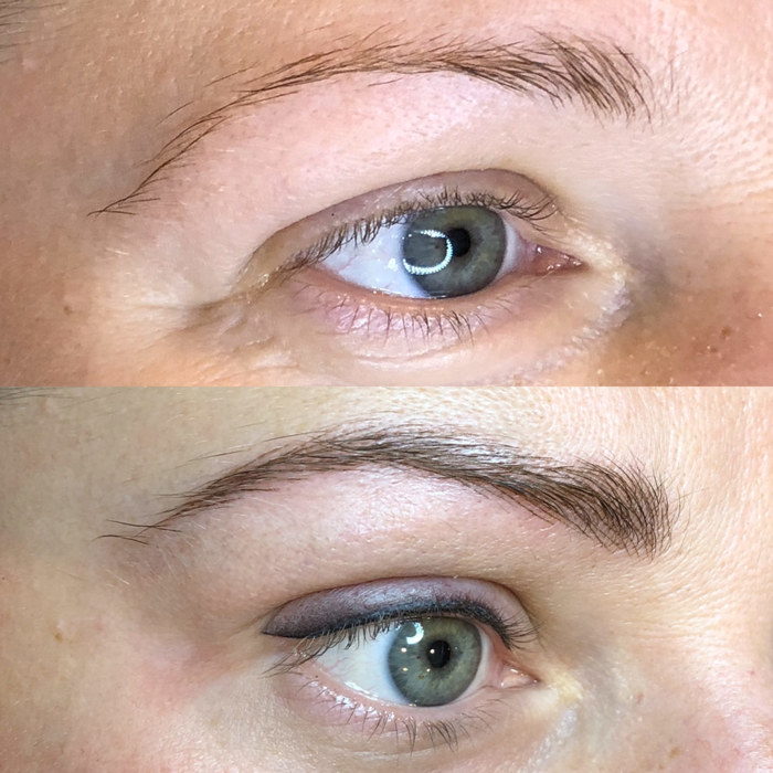 eyes with permanent make-up (PMU), example PMU treatment eyes, close-up, comparison before and after