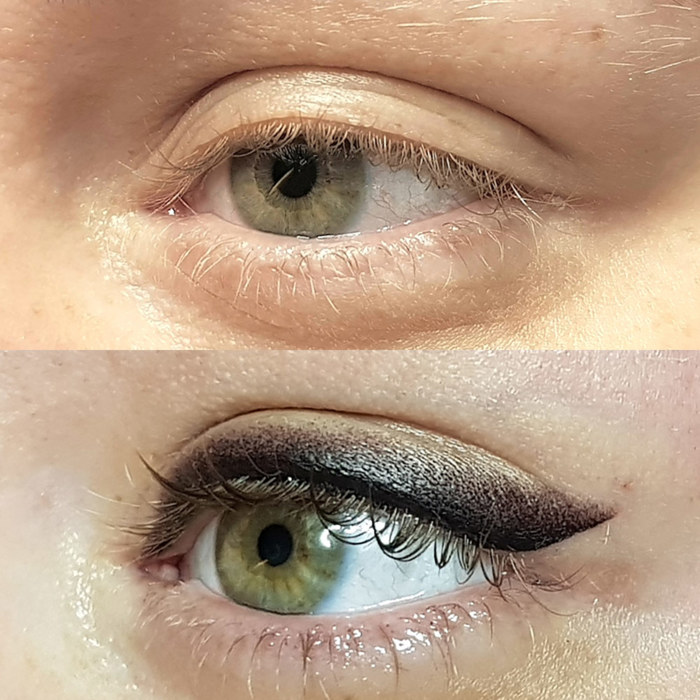 Foto von Auge mit Permanent Make-Up (PMU), Beispiel PMU Behandlung Augenlid Eyeliner, Nahaufnahme Vergleich Vorher und Nachher
